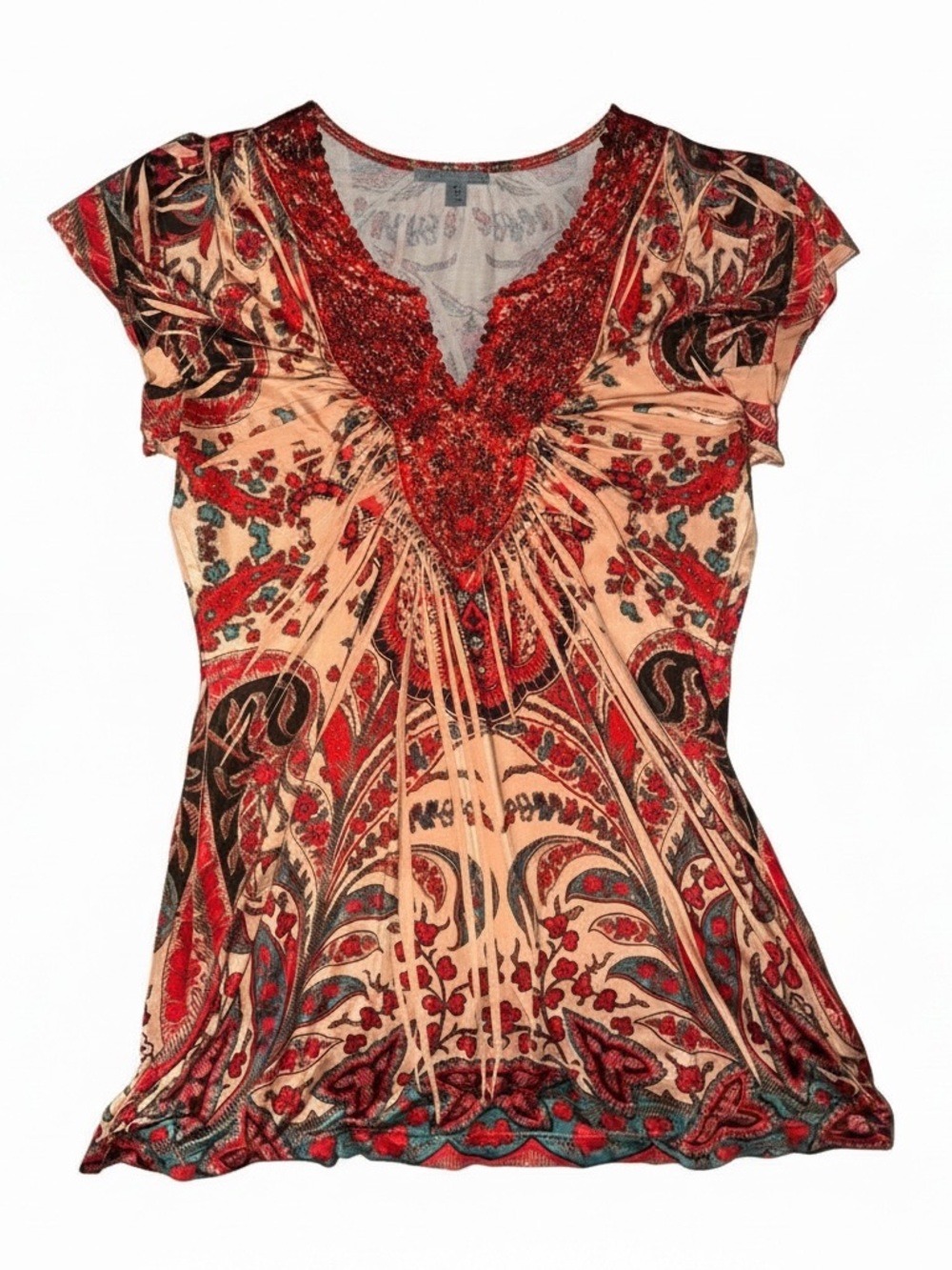 Unity World Wear Red and Peach Beaded V-Neck Short Sleeve Top